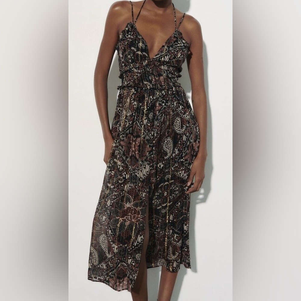 NWT ZARA Bohemian Tassel Tie Floral Metallic Thread Midi Dress Sz Small